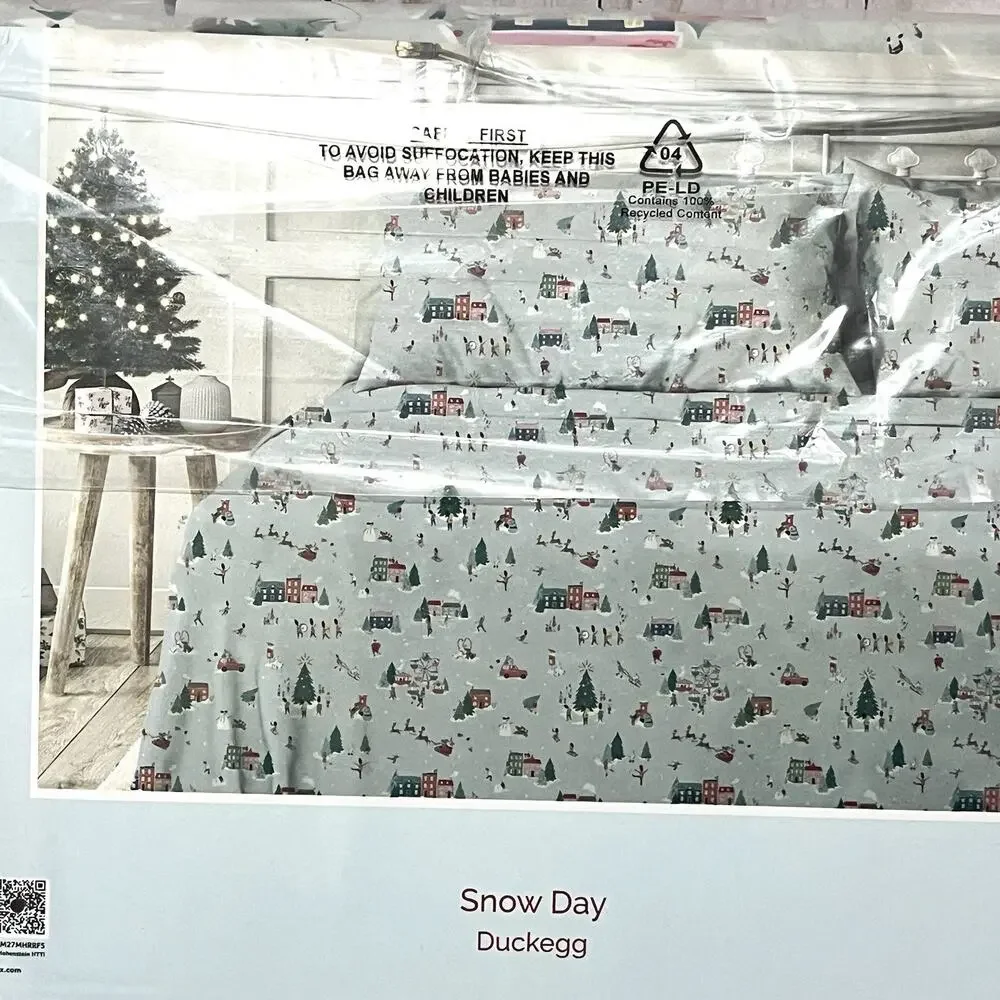 NEW!! Cath Kidston London Snow Day Duckegg Queen Sheet Set Christmas Winter Town